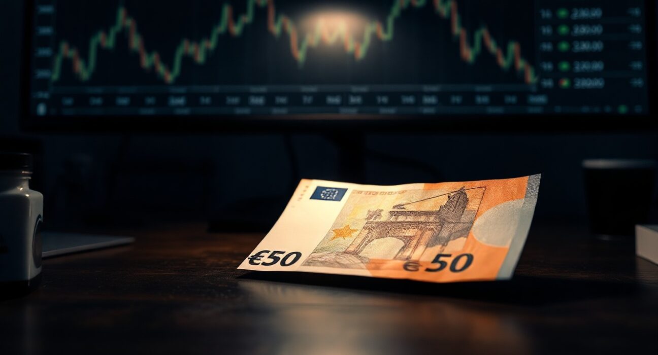 Close-up of a Euro banknote on a desk with a blurred financial chart in the background, representing currency market analysis.