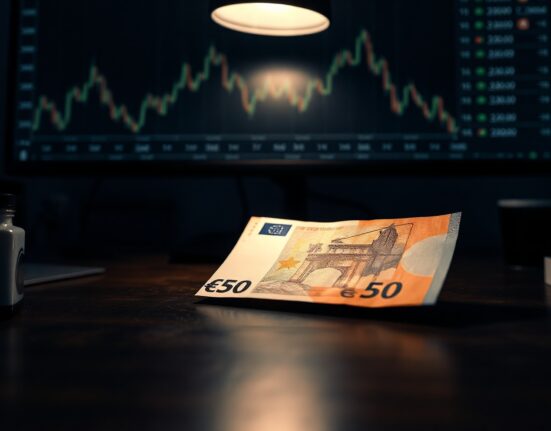 Close-up of a Euro banknote on a desk with a blurred financial chart in the background, representing currency market analysis.