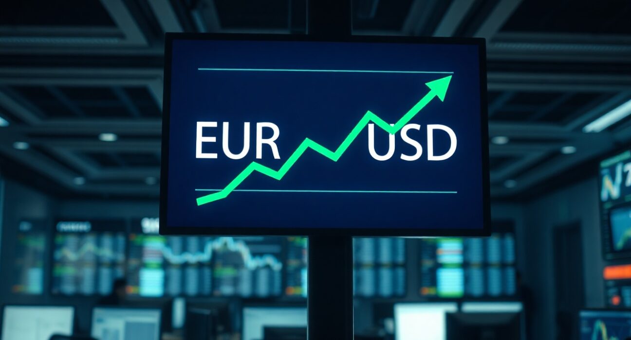 Digital trading screen showing EUR/USD exchange rate with positive trend, representing currency market analysis.