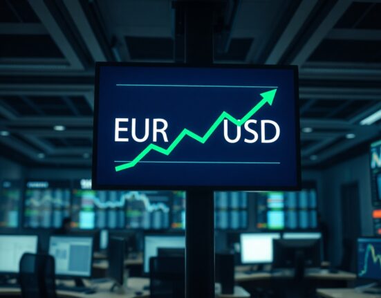 Digital trading screen showing EUR/USD exchange rate with positive trend, representing currency market analysis.