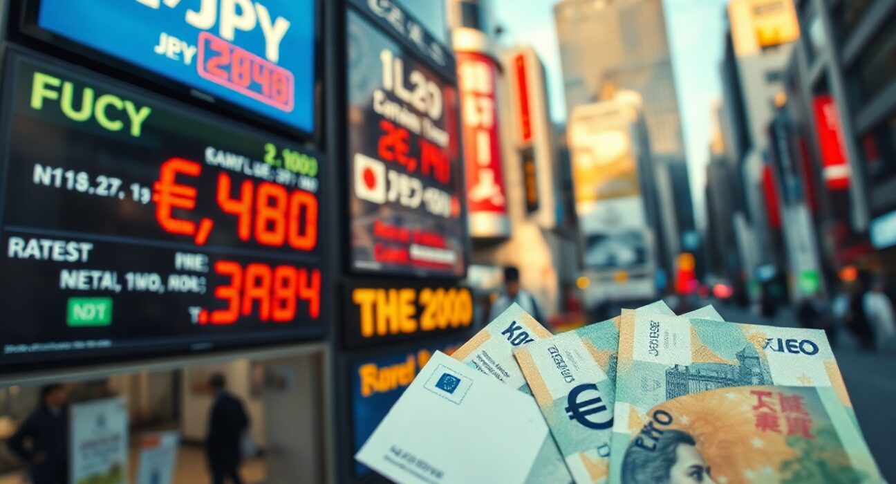 Euro and yen banknotes with a digital exchange rate board in the background