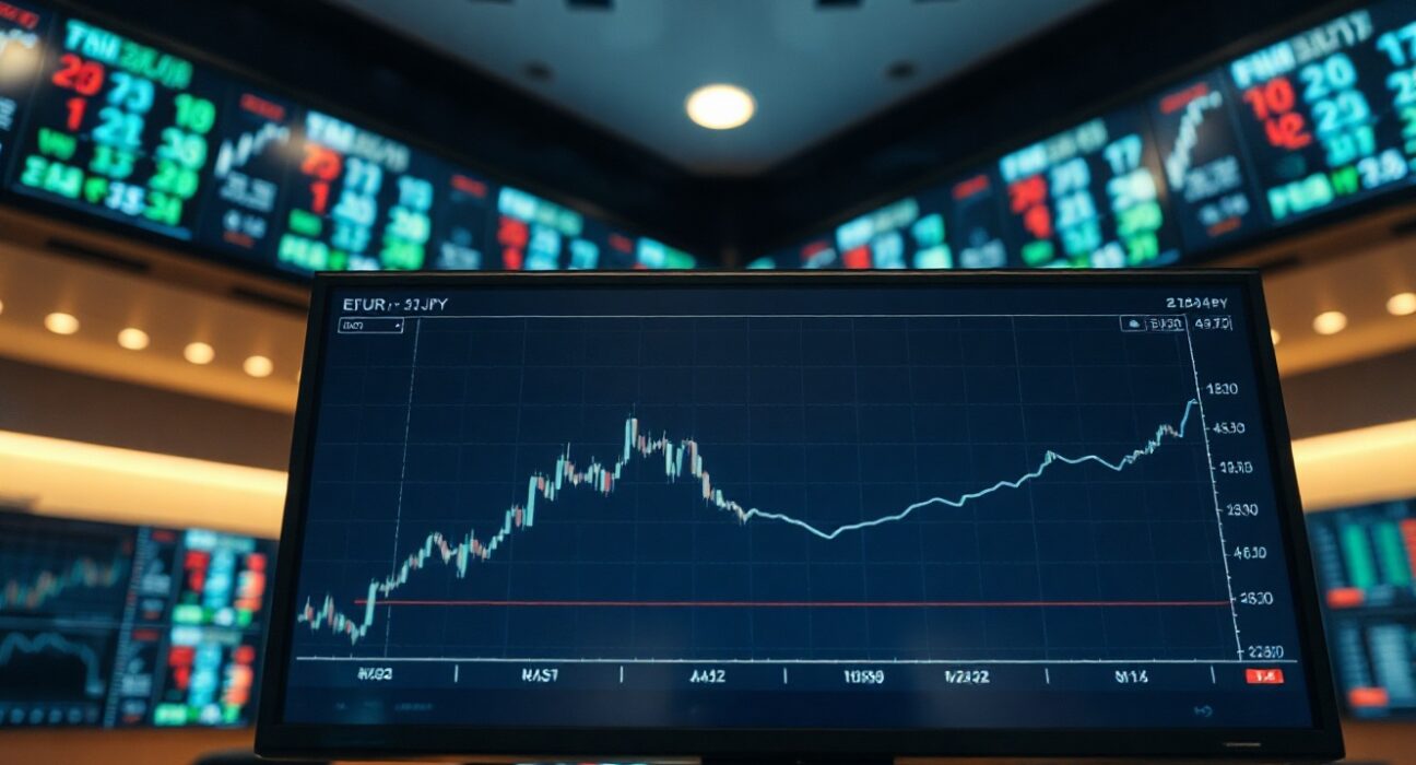 A close-up view of a financial chart showing the EUR/JPY exchange rate with a positive trend.