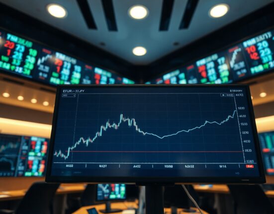 A close-up view of a financial chart showing the EUR/JPY exchange rate with a positive trend.