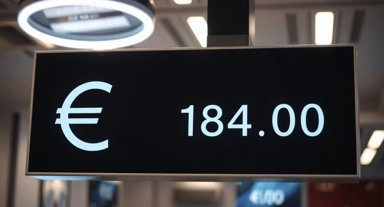 Euro and yen currency symbols on a trading screen with EUR/JPY at 184.00