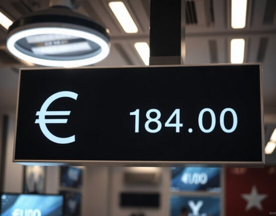 Euro and yen currency symbols on a trading screen with EUR/JPY at 184.00