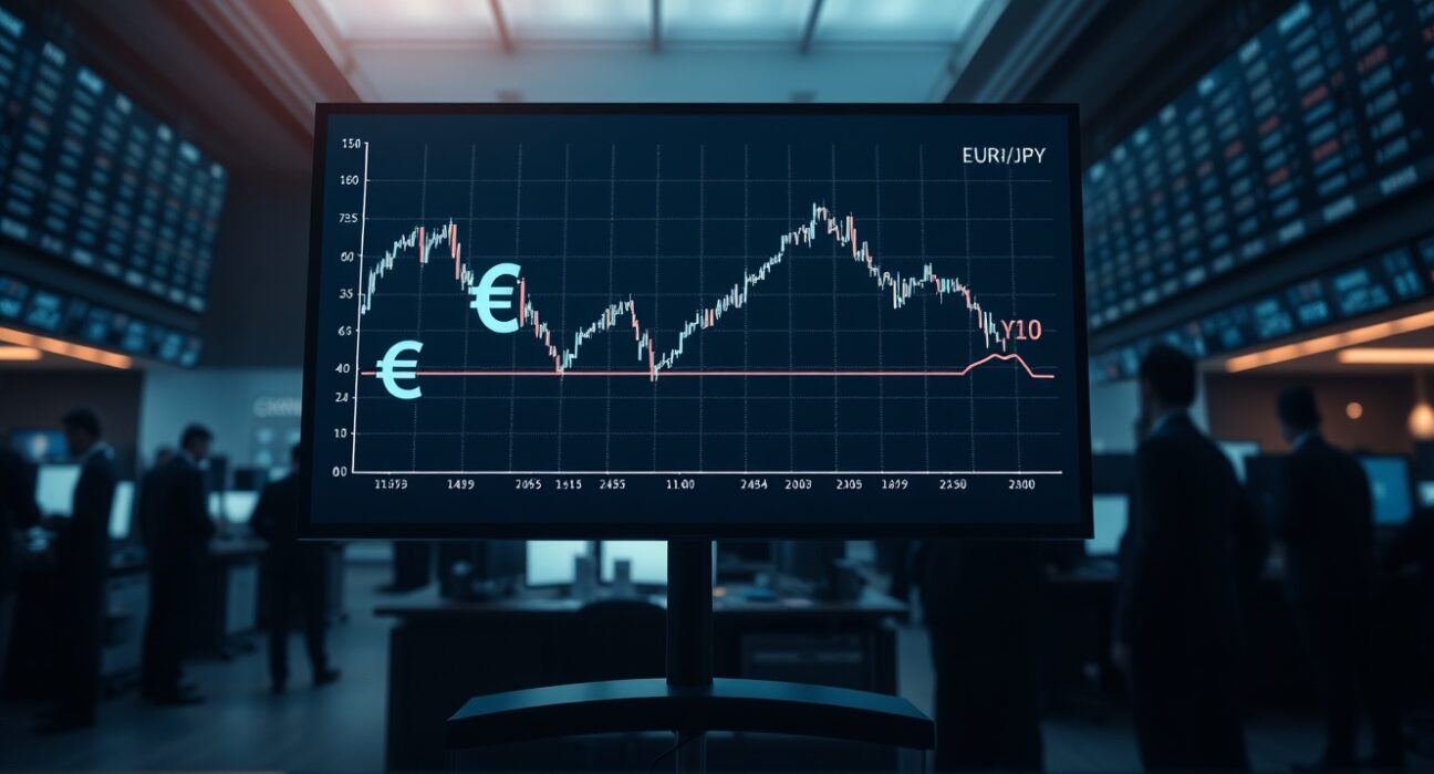 Digital screen showing a falling EUR/JPY chart on a dimly lit trading floor