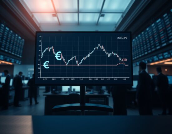 Digital screen showing a falling EUR/JPY chart on a dimly lit trading floor