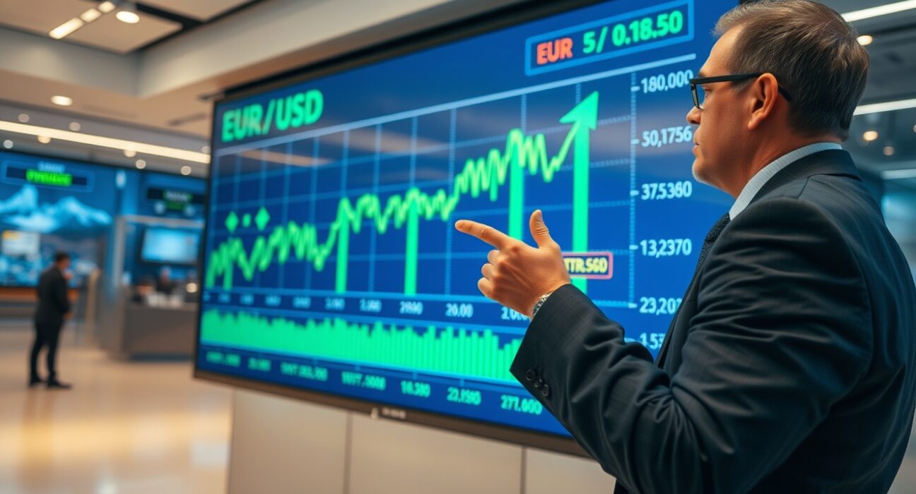 Financial analyst pointing at EUR/USD chart with yield spread indicators on digital screen