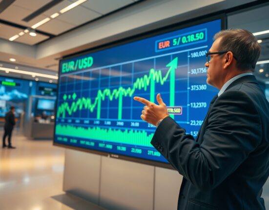 Financial analyst pointing at EUR/USD chart with yield spread indicators on digital screen