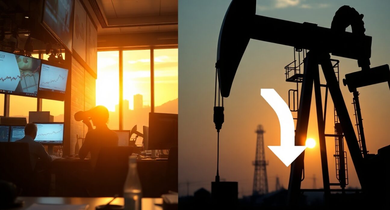 A split image showing a financial trader monitoring a downward Euro yield chart and an oil pumpjack against a sunset sky.