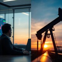 A split image showing a financial trader monitoring a downward Euro yield chart and an oil pumpjack against a sunset sky.