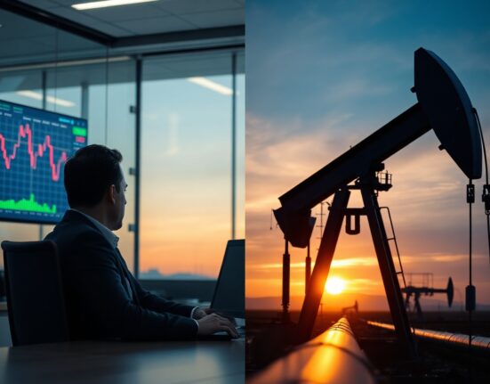 A split image showing a financial trader monitoring a downward Euro yield chart and an oil pumpjack against a sunset sky.