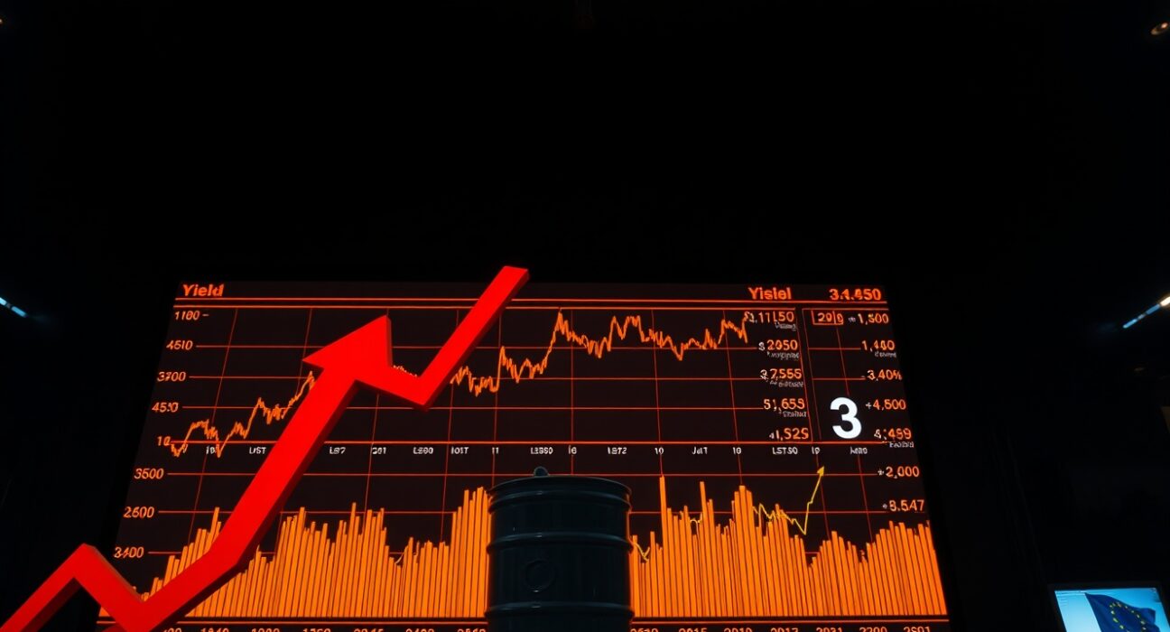 Financial market display showing rising bond yields and oil barrel icon with EU flag in background