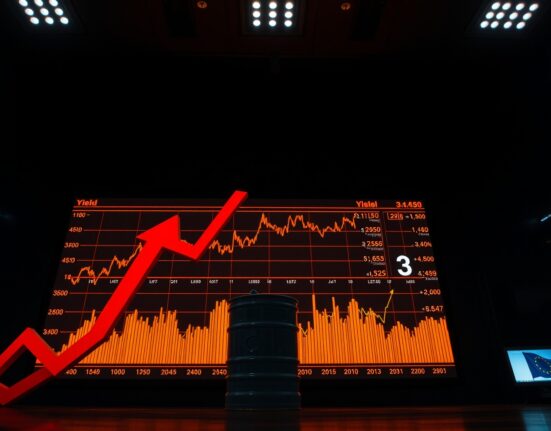 Financial market display showing rising bond yields and oil barrel icon with EU flag in background