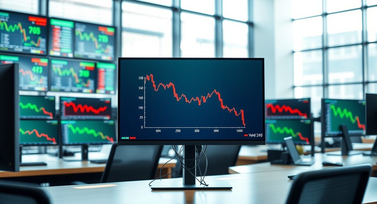 Financial trading screen showing declining euro zone government bond yields