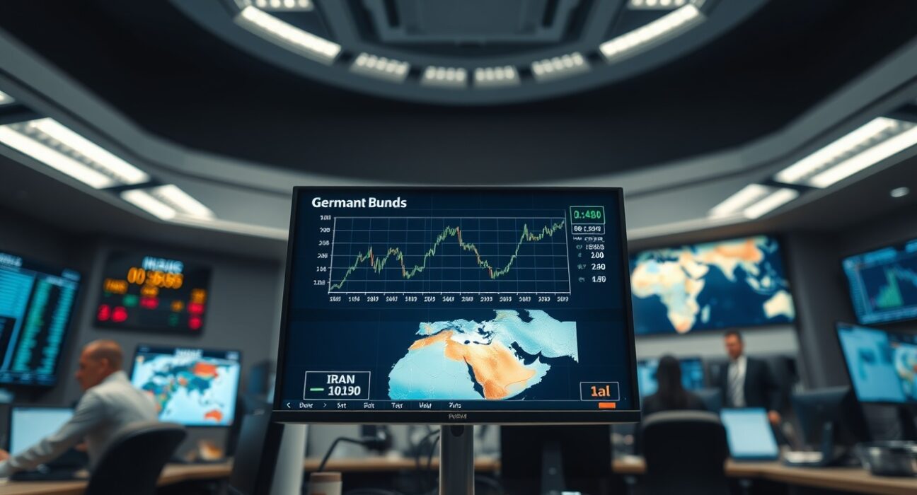 European bond trading desk showing rising yield charts and oil price uptick after US cancels Iran talks