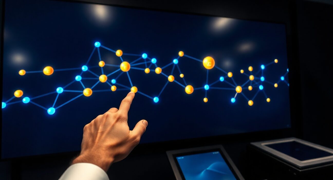 Digital display showing tokenized bond network connecting Euroclear and Banque de France in a modern financial control room.