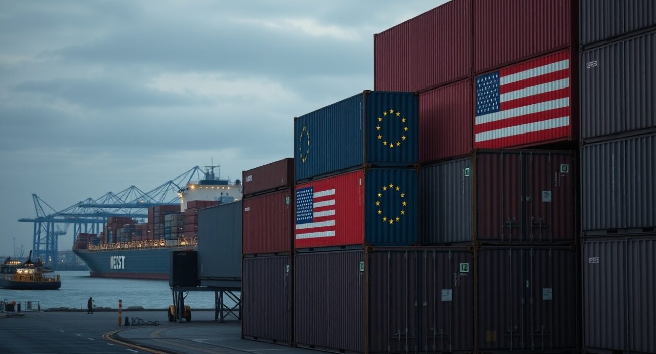 Cargo containers at a European port with EU and US flags, representing transatlantic trade