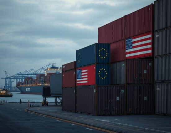 Cargo containers at a European port with EU and US flags, representing transatlantic trade
