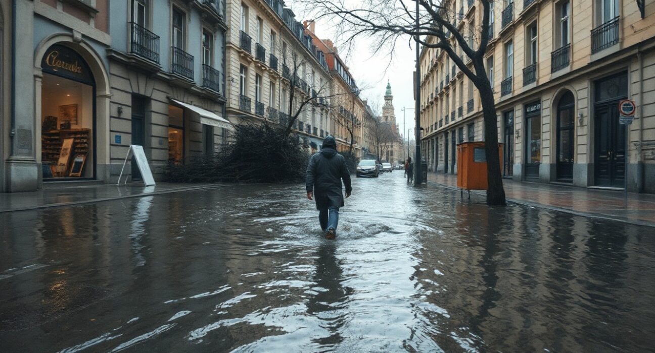 Flooded European street after extreme weather, reflecting economic disruption