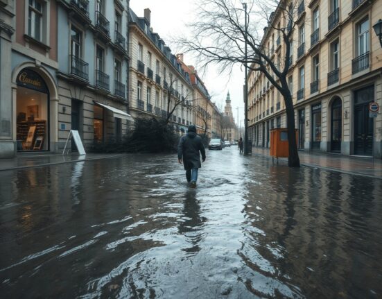 Flooded European street after extreme weather, reflecting economic disruption