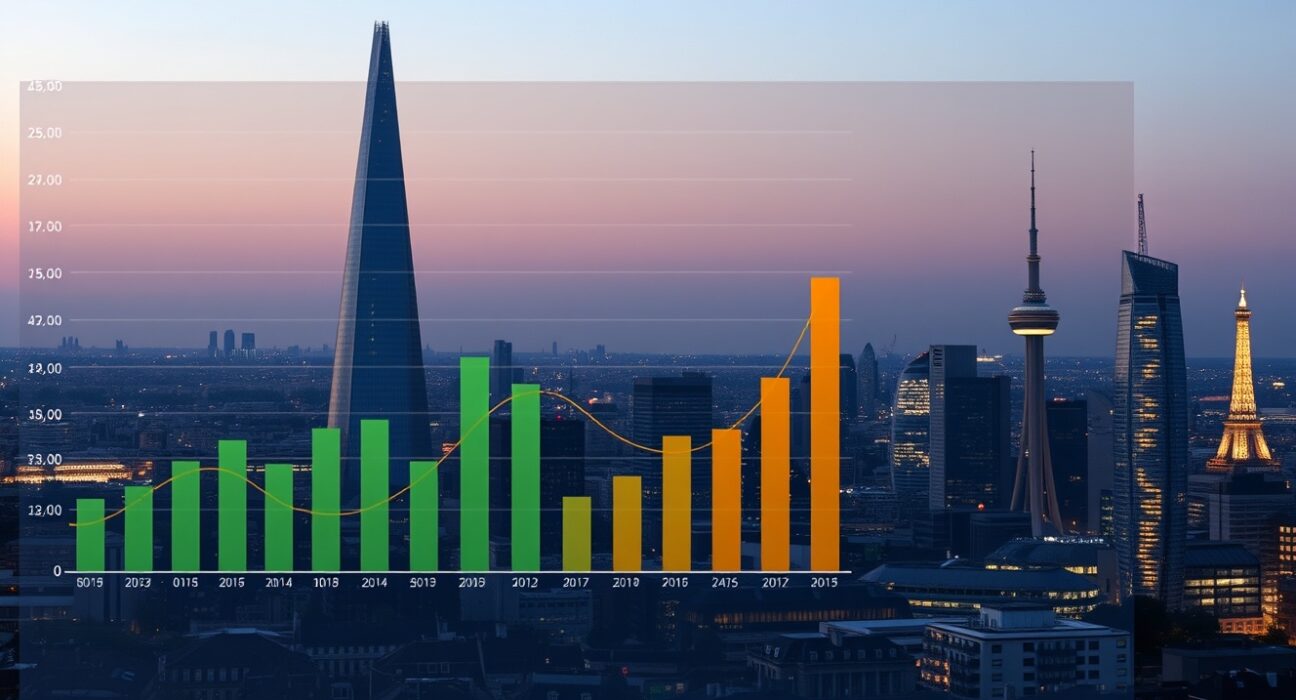 Analytical chart overlay on a European cityscape illustrating the tension between economic growth and demographic decline.