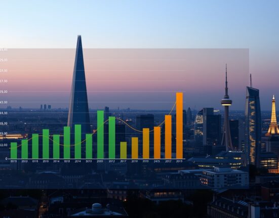Analytical chart overlay on a European cityscape illustrating the tension between economic growth and demographic decline.