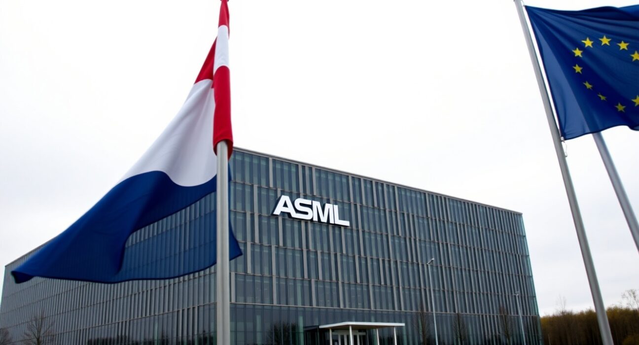Exterior of ASML headquarters in Veldhoven, Netherlands, with Dutch and EU flags in foreground.