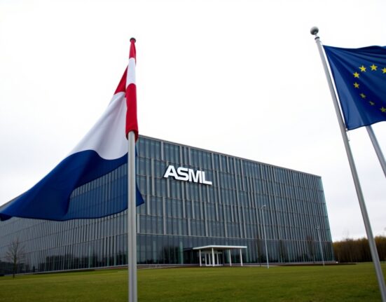 Exterior of ASML headquarters in Veldhoven, Netherlands, with Dutch and EU flags in foreground.