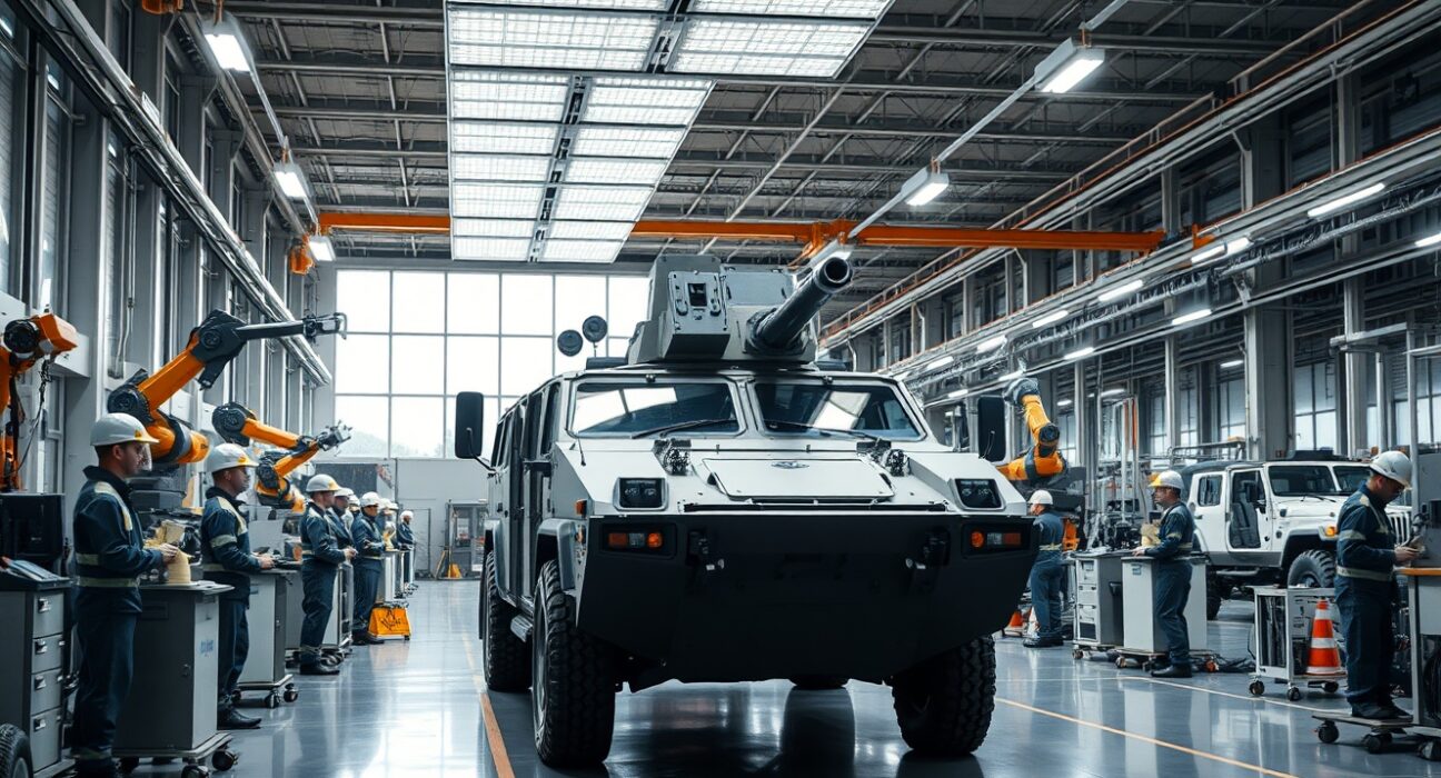 Workers assembling military vehicles in a modern European defense factory under bright industrial lighting.