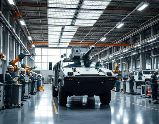 Workers assembling military vehicles in a modern European defense factory under bright industrial lighting.
