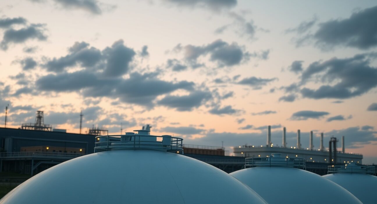 Natural gas storage facility in Europe at dusk, illustrating winter supply concerns.