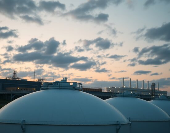 Natural gas storage facility in Europe at dusk, illustrating winter supply concerns.