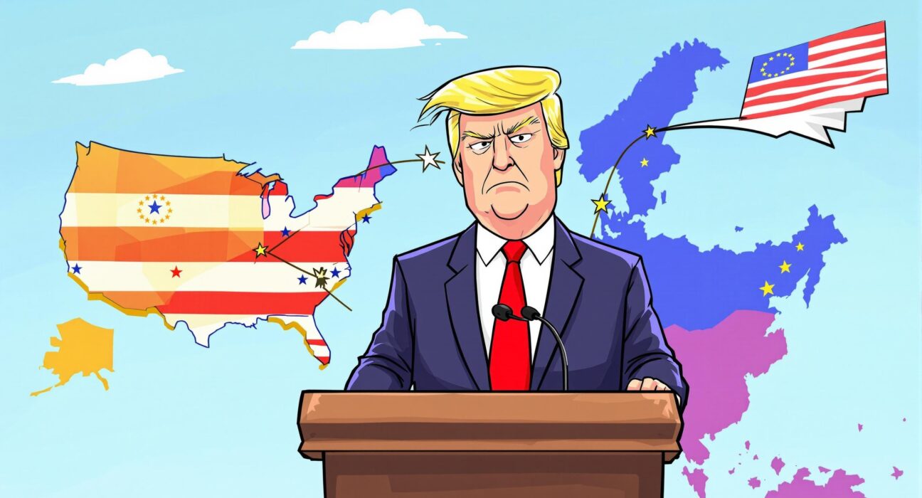 Cartoon illustration symbolizing a significant Europe trade deal announcement and its global economic implications.