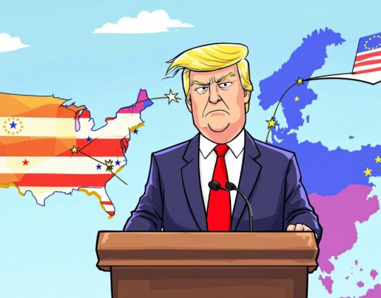 Cartoon illustration symbolizing a significant Europe trade deal announcement and its global economic implications.