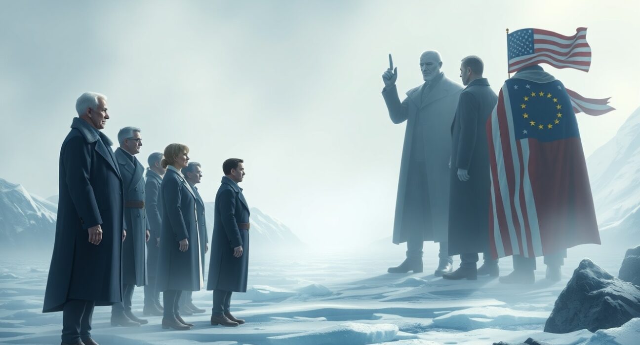 Symbolic representation of the Europe Trump confrontation over Greenland and tariffs in transatlantic relations.