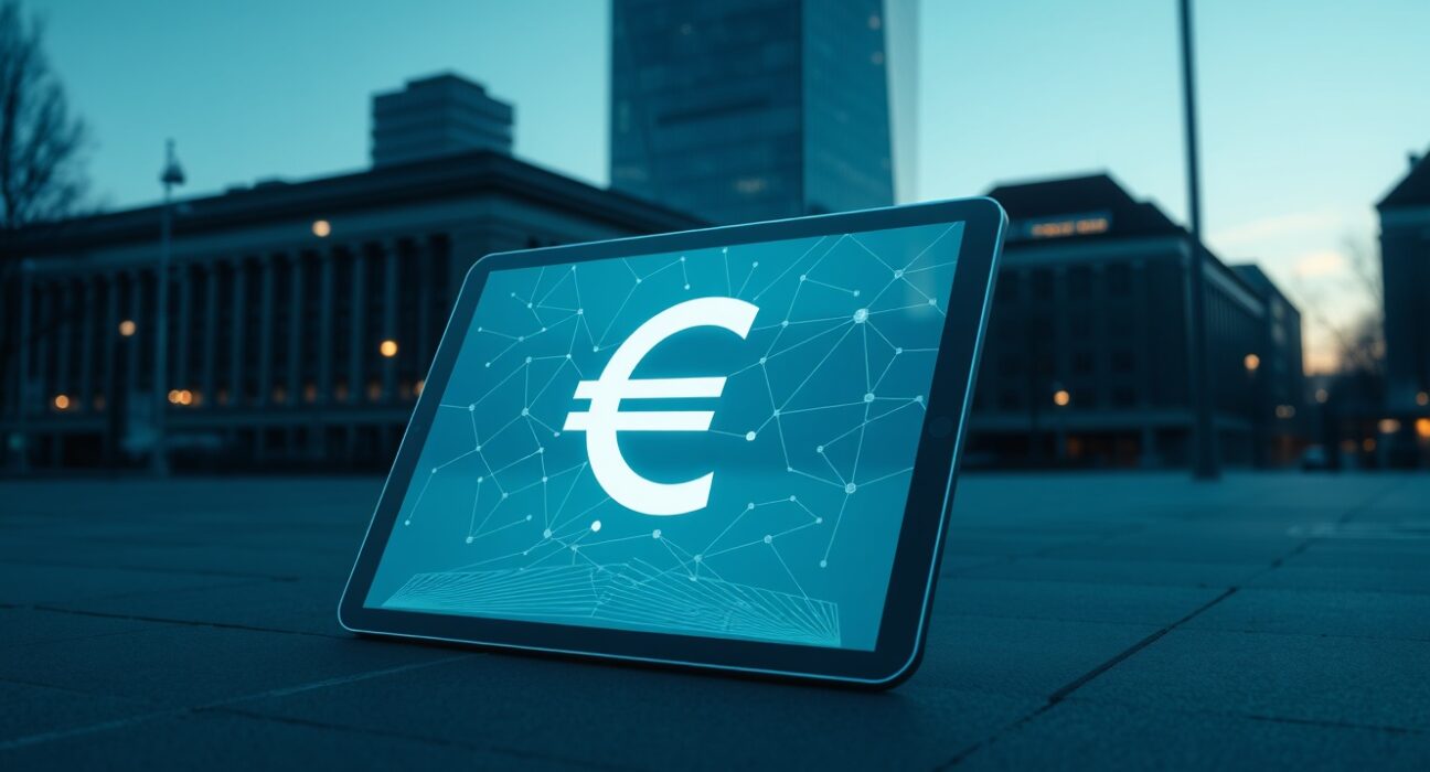 Digital euro stablecoin interface displayed in a modern European financial district, representing the new MiCA-compliant banking initiative.