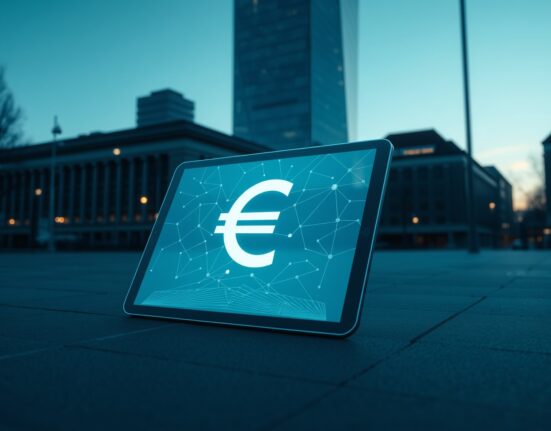 Digital euro stablecoin interface displayed in a modern European financial district, representing the new MiCA-compliant banking initiative.