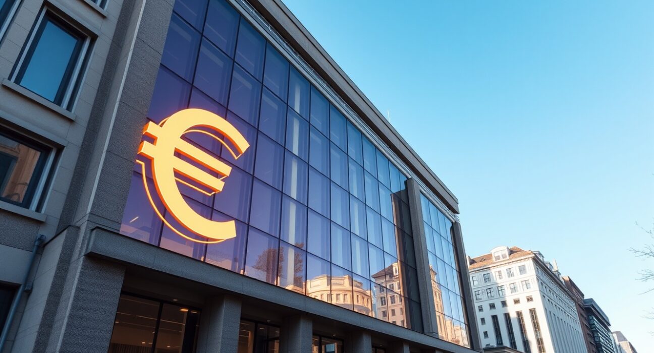 Modern European bank building with digital euro symbol overlay, representing stablecoin launch.