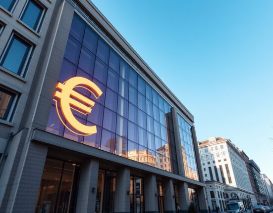 Modern European bank building with digital euro symbol overlay, representing stablecoin launch.