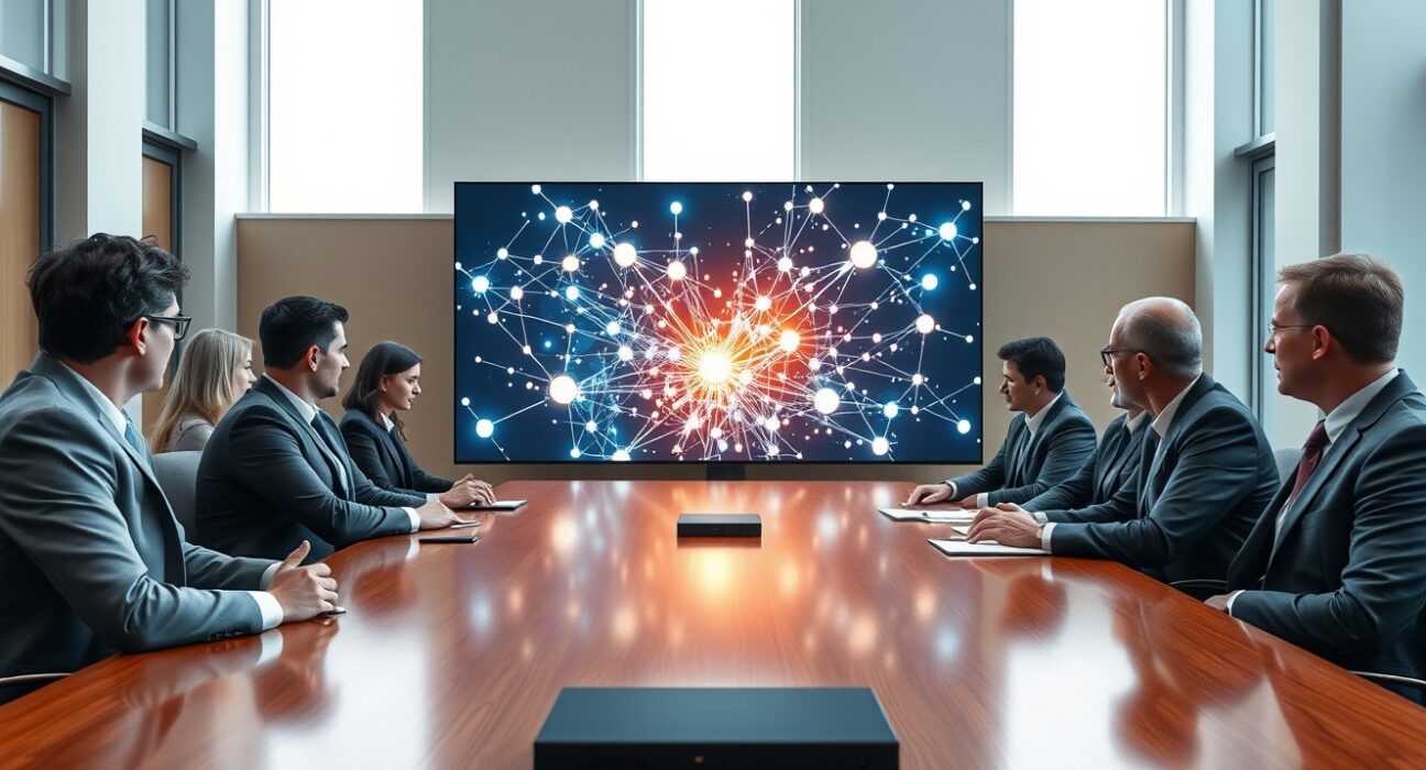 Ten European financial professionals in a boardroom viewing a blockchain network visualization on a large screen
