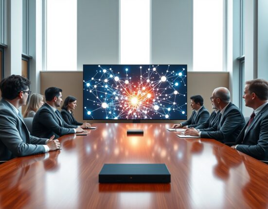 Ten European financial professionals in a boardroom viewing a blockchain network visualization on a large screen