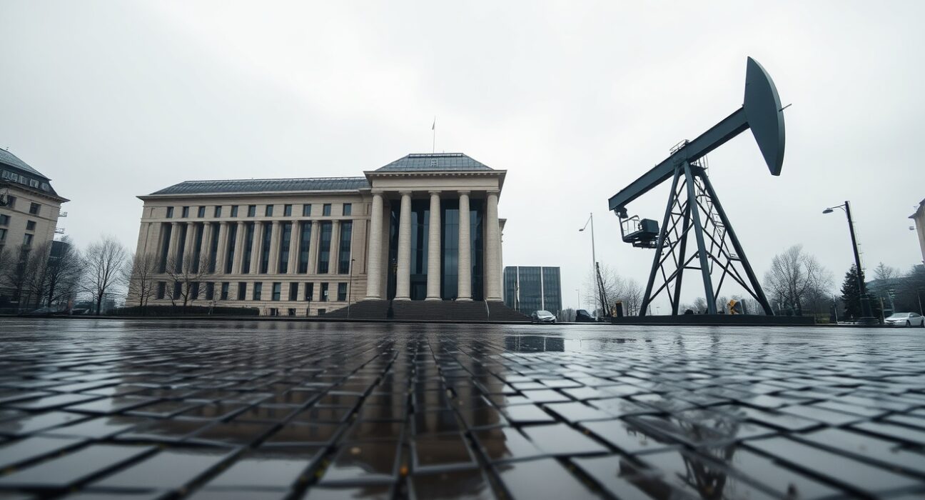 European Central Bank headquarters in Frankfurt under overcast sky, with subtle oil derrick reflection on wet street, symbolizing crude rally's impact on monetary policy.