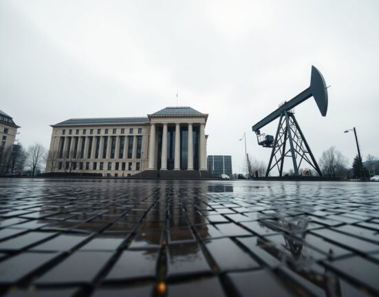 European Central Bank headquarters in Frankfurt under overcast sky, with subtle oil derrick reflection on wet street, symbolizing crude rally's impact on monetary policy.