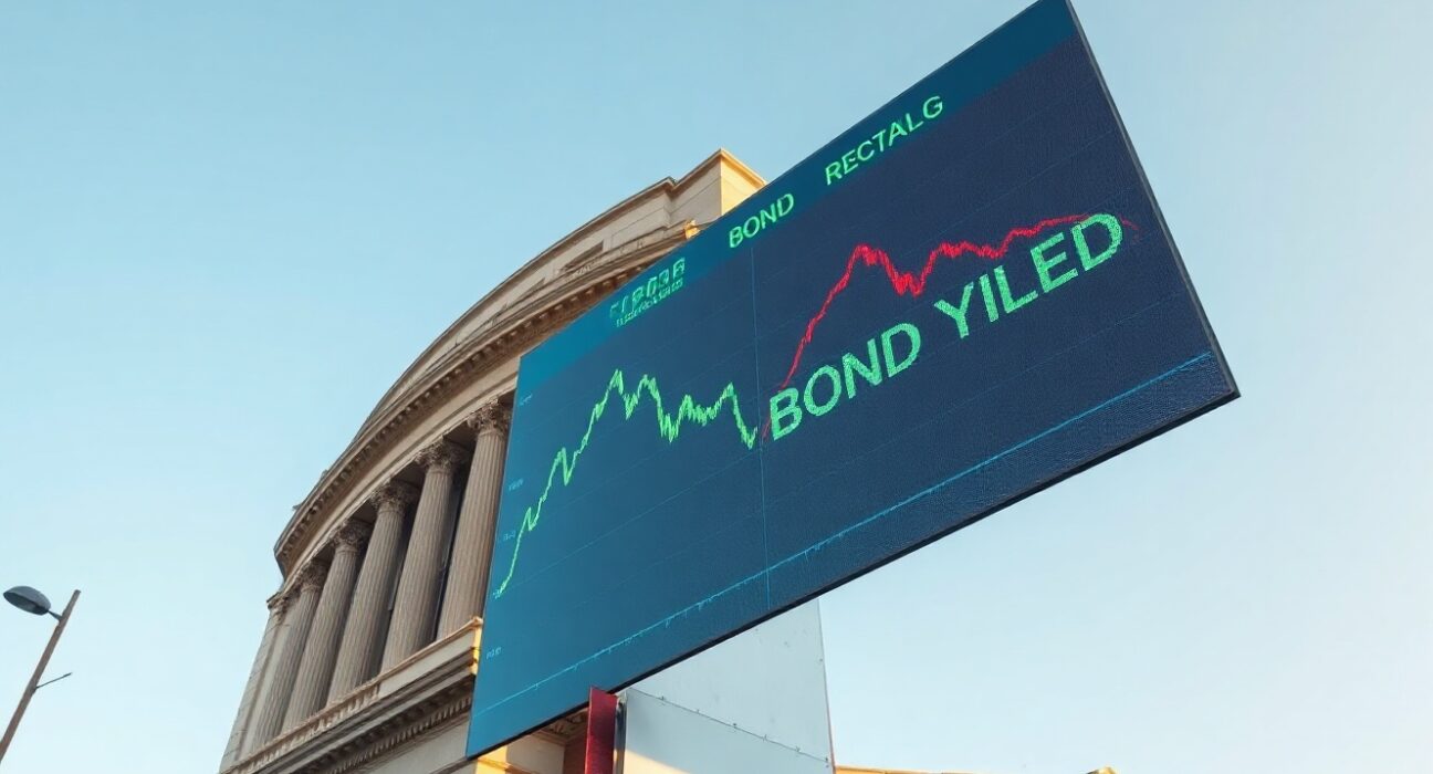 European financial district building with digital display showing falling oil and bond yield charts