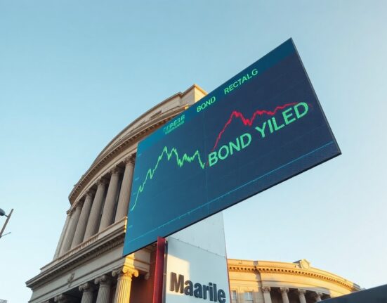 European financial district building with digital display showing falling oil and bond yield charts