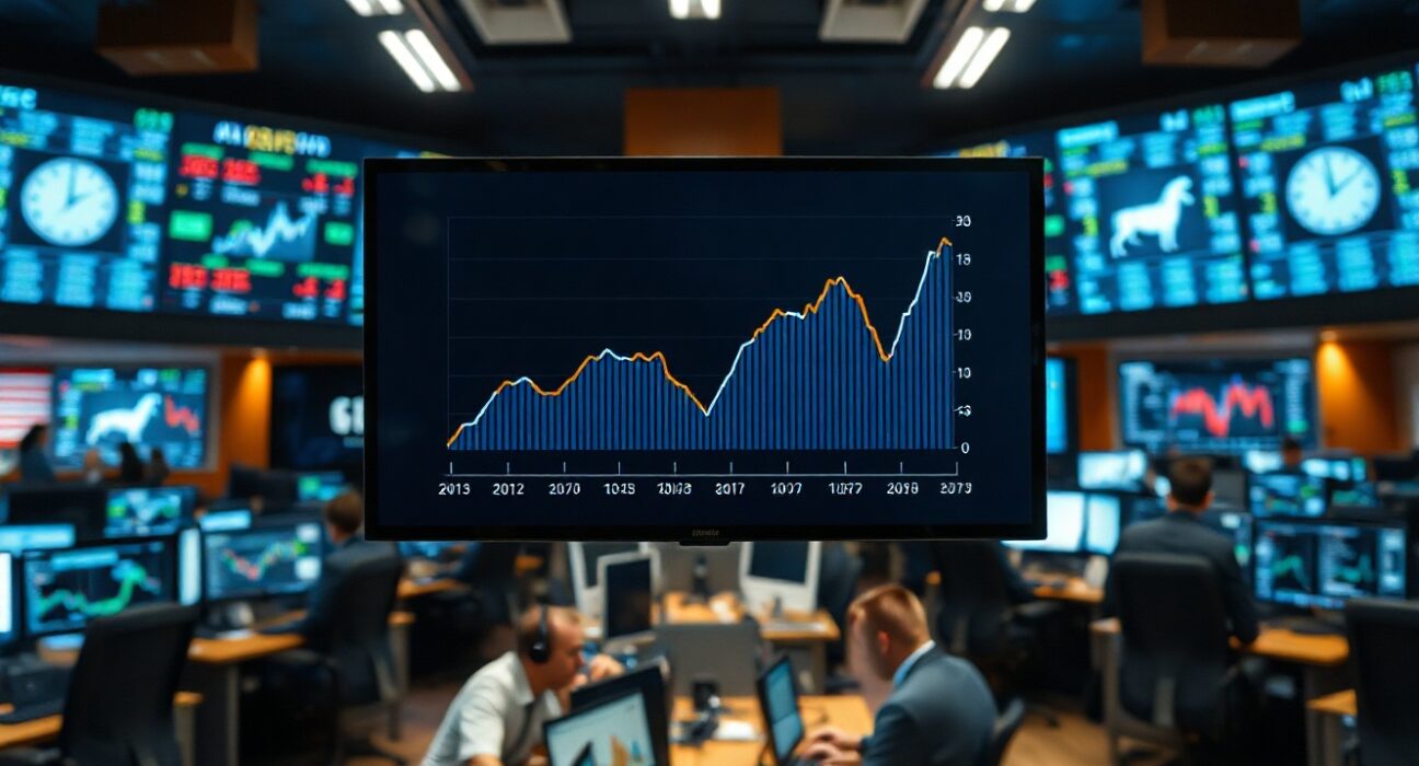 European government bond yield chart on a trading screen showing a decline