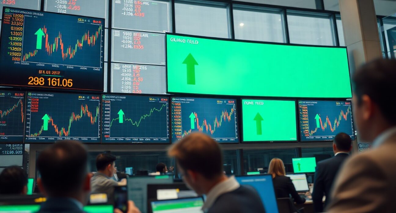 Trading floor screens showing European bond yields falling after Middle East diplomatic developments