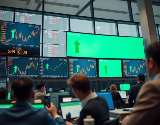 Trading floor screens showing European bond yields falling after Middle East diplomatic developments