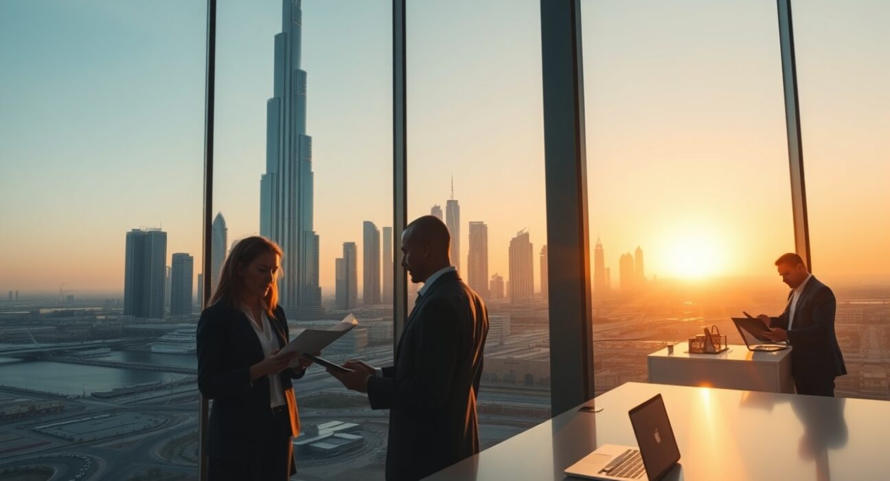 Dubai skyline with professionals reviewing documents in a modern office, representing crypto firms relocating from Europe.